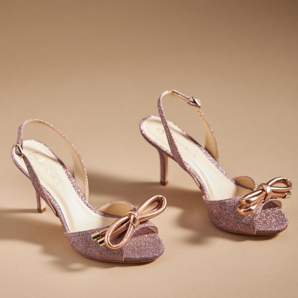 Anthropologie Rose Gold Glitter Peep-Toe Heels with Metallic Bow - Picture 2 of 3